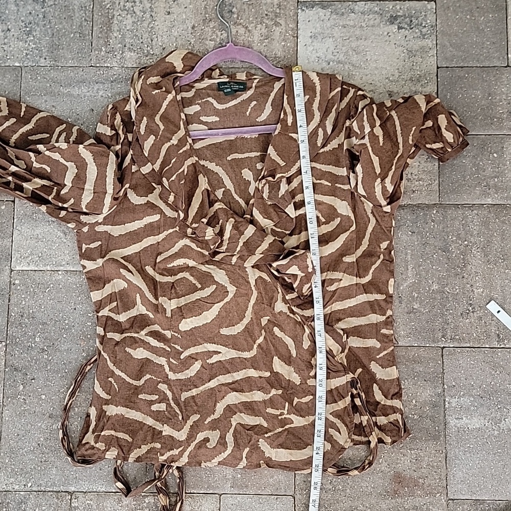 Lauren Ralph Lauren Brown and Tan Zebra Print Wrap Blouse Cotton Sz L - Picture 7 of 11